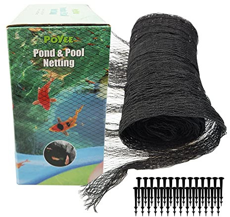 POYEE Pond Netting for Leaves 8.5m x 9m Pool Leaf Cover Net with Small Fine Mesh Protecting Koi Fish from Birds, Cats - Stakes Included