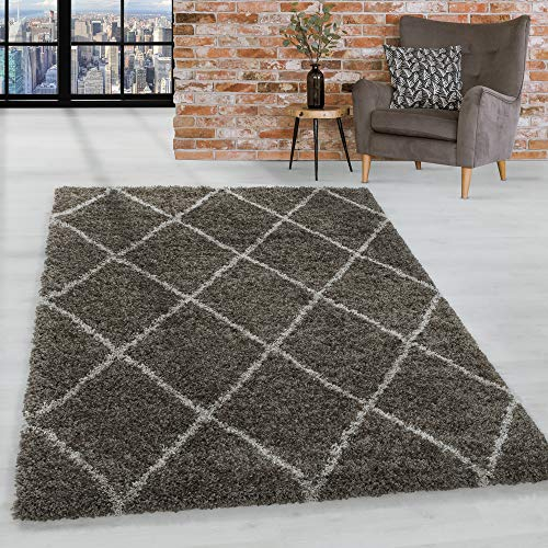 HomebyHome Shaggy Teppich Wohnzimmer 160 x 230 cm - Hochflor Teppich Skandi Rauten Taupe Extra Weich und Flauschig - Bettvorleger Teppich für Schlafzimmer, Küchenläufer - Carpet, Halı, Kilim