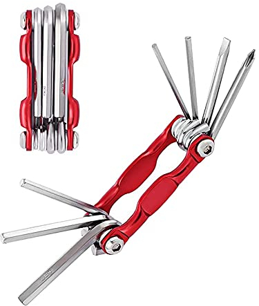 QitinDasen Fahrrad Multitool, 7 in 1 Fahrrad Reparatur Werkzeug, Mini Faltbares Fahrrad Multifunktionswerkzeug (Rot)