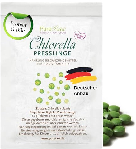 Chlorella-Tabletten aus Deutschland - Regional, Rein & Kontrolliert (Roh Vegan) Chlorella Algen Presslinge reich an Vitamin B12 Eisen Chlorophyll Spermidin - Chlorella Vulgaris Tablets | PureRaw 3g