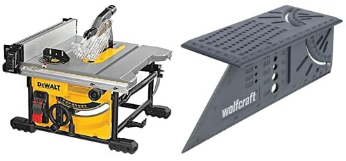 DEWALT - Scie à Table Compacte 210 mm - DWE7485-QS - Scie sur Table Filaire 1850 W - Largeur de Coupe 622 mm & wolfcraft 5208000 Équerre 3D d'onglet 150 x 275 x 66 mm - Traçage angle de 45° à 90°