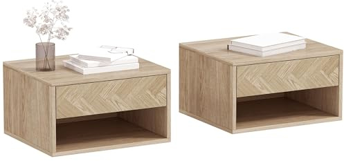 HOMCOM Lot de 2 Tables de Chevet murales, Tables de Nuit suspendues avec tiroir Coulissant, Compartiment Ouvert, Plateau, Style Moderne, 37 x 32 x 21 cm, Bois Naturel