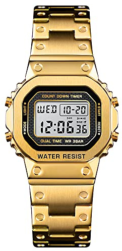 FeiWen Hombre Digitale Fashion Sport Casual Relojes LED Electrónica Cronógrafo Alarma Acero Inoxidable Outdoor Deportivo Reloj de Pulsera (Dama Dorada)