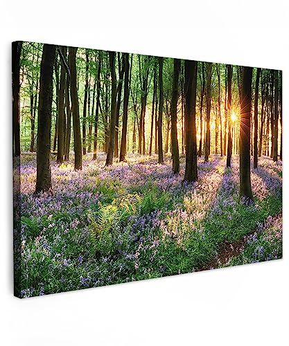 MuchoWow© Leinwand 90x60 cm Deko Schlafzimmer Aesthetic Leinwandbilder Wohnzimmer Gemälde Foto Geschenk Living Room Decoration Wandbild Wald - Natur - Blumen - Sonne - Baum - Lila