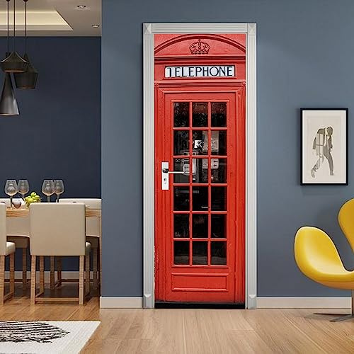 A.Monamour Adesivo Porta Autoadesiva 3D Una Cabina Telefonica Rossa Vinile PVC Adesivi per Porte Interne Pellicola Adesiva Poster Sticker Murale Parete Carta da Parati 77x200cm