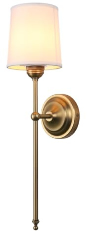 JIMUBEAM Antique Finish Sconce Wall Lighting Fixture with White Fabric Shade, E26 Hardwired Indoor 1-Light Wall Mounted Lamp for Living Room Bedside Nightstand Light Vanity Bathroom