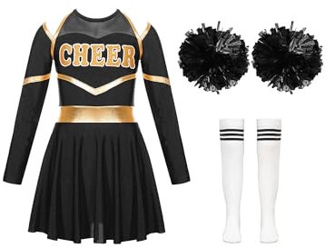 Jowowha 3 Stück Mädchen Cheer Leader Cheerleading Kostüm Langarm Kleid mit Pompoms Socken Halloween Karneval Fasching Partykleid Weiß&Schwarz 158-164