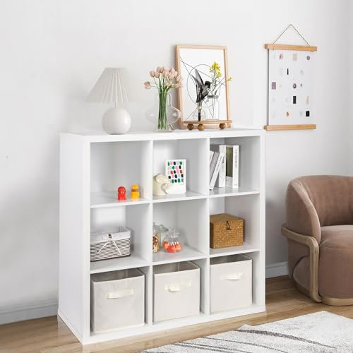 PACHIRA Bücherregal mit 9 Fächern, 36mm Würfelregal Aus Holzwerkstoff Für Wohnzimmer, Freistehender Bücherschrank Aktenregal Stufenregal Büroregal, Offenes Aufbewahrungsregal Für Kleidung, Spielzeug