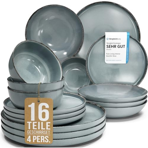 Steingut Geschirrset 4 Personen Rustic 16 tlg. TESTSIEGER, Hochwertiges Landhaussttil Steingut Geschirr Set, Schüssel- und Teller Set, Tafelservice 4 Personen, Geschirrsets Pure Living in Rauchblau