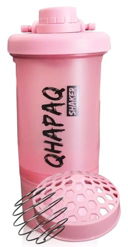 QHAPAQ Protein Shaker Bottle 500ml - Vaso mezclador de proteínas con filtro interno y anilla transportadora (Rosa) - Sin BPA, anti-derrames, ideal para batidos y gimnasio (Pink)