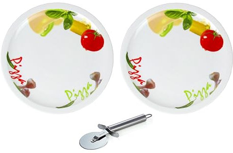 Lentz Lot de 2 assiettes à pizza Ø 31 cm en porcelaine au design méditerranéen – Avec roulette à pizza
