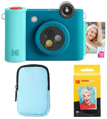 KODAK Smile+ 2-i-1 Direktutskriftskamera & Trådlös Foto Skrivare Startpaket + Deluxe Väska + Zink 20pk Foto Papper - 10MP, Rotationslins - Blå