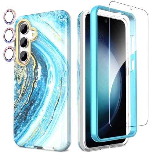 SHEDEER for Samsung S25 Case with Screen Protector + Bumper & Camera Protector, TPU Shockproof 360° Protection, Samsung Galaxy S25 Case Glossy Fade-Resistant Pattern Phone Cases S25, Blue