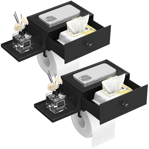 Lifewit Plástico Portarrollos con Estante y Cajón de Pared Atornillado o Adhesivo, Caja Dispensadora de Toallitas Húmedas para Baño, Resistente al Polvo y Apta para el Inodoro, Negro, 2 Paquete