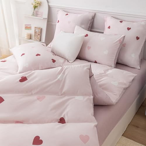 YASMENG Housse de Couette 140x200 Filles Cœur Rouge Rose Blanc Enfants Parure de Lit Doux Microfibre Cœur Linge de Lit 1 Personne Adulte Cadeau avec Fermeture Éclair avec Taie d'oreiller 65x65 cm