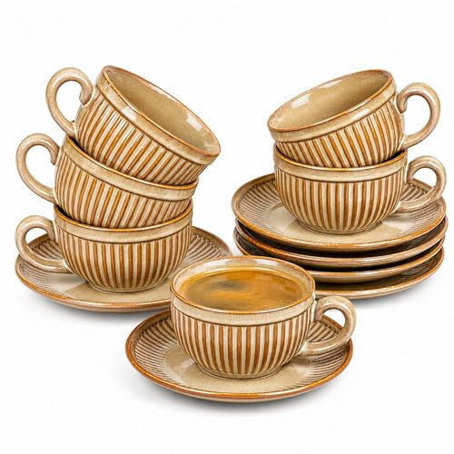 Erkundpresso. Uppsättning av 6 espressomuggar med fat 100 ml – espressomuggar set stengods – kaffekoppar tjockväggig med handtag – handgjorda barista-kaffekoppar – strandsand