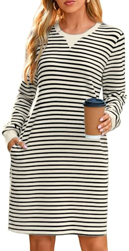 Glamaker Women Tshirt Shift Dress Casual Striped Long Sleeve Crew Neck Knee Length Comfy Midi Dress with Pockets, Black Stripe, L