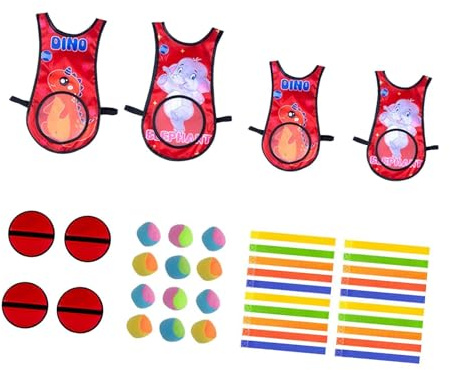 pistro Jeu de Dodgeball avec 12 Balles Collantes pour Enfants et Adultes, Gilets et Raquettes pour Jeu Intérieur et Extérieur, Maternelle- Rouge