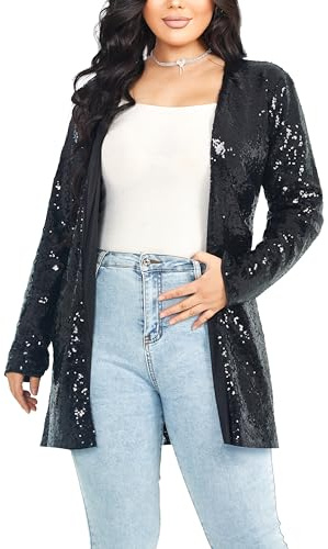 YYPBI Ladies Glitter Giacca Glitter Blazer Elegante Frontale Aperto Maniche Lunge Glitter Cardigan Festiva Giacca a Maglia Party Club Nero XXL