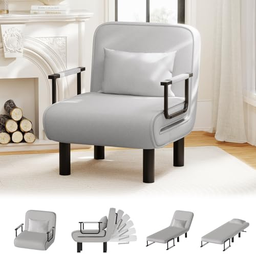 Ckaff Poltrona Letto 4 in 1, Poltrona Divano Letto Singolo, Poltrona Pieghevole con Schienale Regolabile in 6 Posizioni per Camera da Letto Soggiorno Ufficio, Gregio chiaro