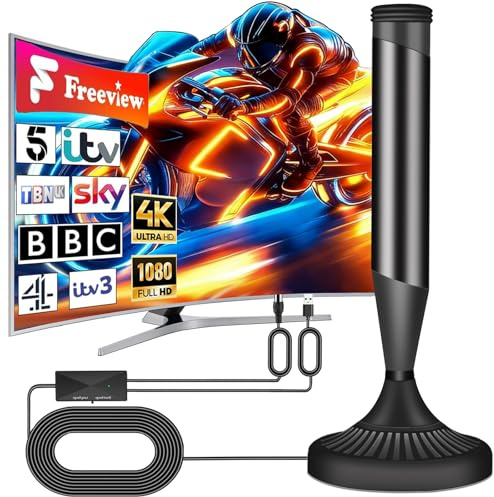 Indoor TV Aerial, Indoor Aerial for Smart Tv 880+ Miles Long Range Reception, Freeview HD Digital Tv Aerial Indoor with Signal Booster Amplifier, Support VHF/UHF/DAB Radio/4K/1080P(BLACK)
