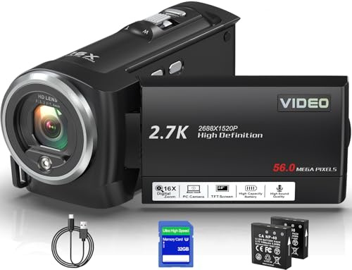 Delmodes 2.7K 56MP Camcorder Video Camera 16X Digital Zoom Vlogging Camera with LED Fill Light for YouTube, 2.8 Inch 270 Degree Rotation LCD Screen Camcorder with 32GB SD Card and Two Batteries