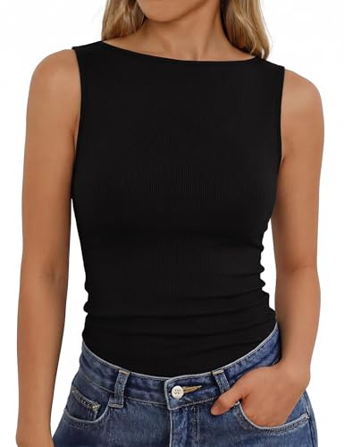 Aottori Canotta Donna Estiva Scollo a Barca Tank Top Senza Maniche Coste Elegante Canottiera Basic Slim Fit T Shirt Lunga Elasticizzata Tops Casual Nero L