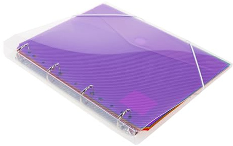 Grafoplas - Carpeta de Anillas, A4, con 6 Sobres de 11 Taladros Multicolor Cubiertas Transparente con Rayado, Cierre de Goma Elástica, 4 Argollas MIxtas de 25mm (Forma D), Muy Ligera