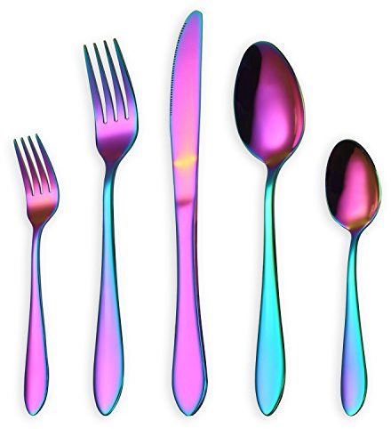 HOMQUEN 30-teiliges Regenbogen-Farben-Tischbesteck, Edelstahl-Titan-buntes überzogenes Geschirr-Set, Abendessen-Messer-Gabel-Teelöffel-Tafelsilber-Besteck-Set, Service für 6 (Bunt-30 Stück)