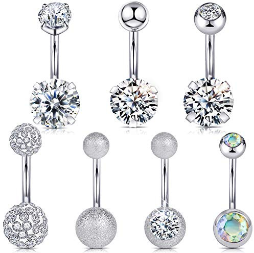 Wssxc 14G Hypoallergenic Surgical Steel Belly Button Ring Cubic Zirconia Belly Button Barbs Body Piercing Set 7Pcs