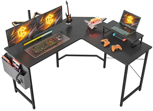 CubiCubi Gaming Tisch Eckschreibtisch 120x120cm, Schreibtisch mit Monitorständer und Seitlicher Aufbewahrungstasche, Gaming Schreibtisch L Form, Computertisch, Schwarz