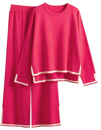 DONYKARRY 2pcs Women's Tracksuits Knit Outfits Oversized Casual Long Sleeve Pullover Tops High Waist Wide Leg Pants Lounge Sets (Red,M)