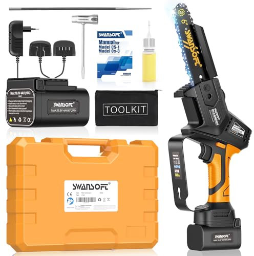 Swansoft se especializa en motosierras sin cuerda 6 ', mini motosierras de una mano con batería de litio 16,8 V 2x4 ah para cortar madera, frutas y aceitunas. amarillo