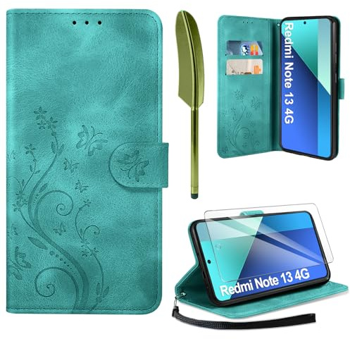 AROYI Cover Compatibile con Xiaomi Redmi Note 13 4G(Nicht für 5G) e Vetro Temperato, Retro Design Flip Caso in PU Pelle Premium Portafoglio Slot per Schede Chiusura Magnetica Custodia Verde Scuro