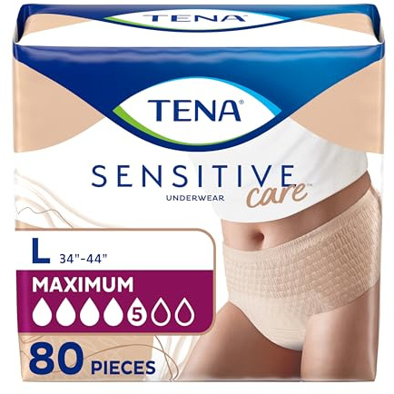 Tena Sensitive Care Incontinence Underwear for Women, Maximum Absorbency, Adult Diapers, Large (Waist Sizes 34in-44in), 80 Count (4 Packs of 20)