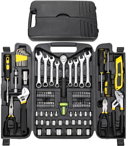 95 Pièces Boîte à Outils, Kits d’Outils Portable Caisse Outils inclu Kit Tournevis, Jeux de douilles, Outils Bricolage Réparation Combiné Mallette à Outils Pour Maison ou Garage (Jaune)