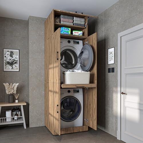 ROOMART Armoire pour sèche-linge et lave-linge Dora, en 4 couleurs, avec portes et plateau coulissant (Chêne - 230 cm de haut -)