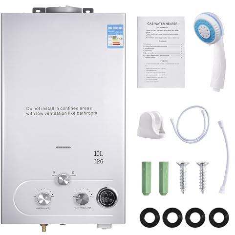 Chauffe-eau instantané à gaz 10 l, 20 kW LPG, chauffe-eau instantané super faible 0,5 bar, pression d'eau de démarrage, chauffe-eau portable à gaz, pour douche en extérieur, douche, salle de bain
