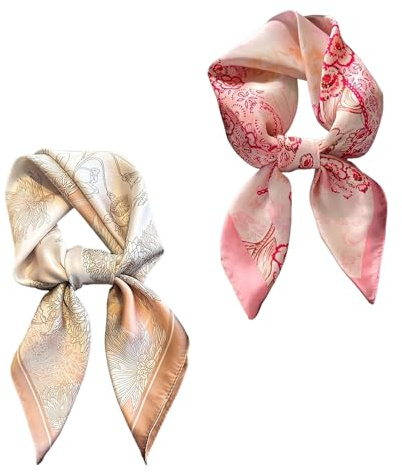 THXFUNAREA 2 Pièces Foulard Soie, 70 x 70 cm Foulard Cheveux, Imitation Soie Femmes Grand Foulards Carrés,Rose bohème et rose fleuri Foulards Bandana, pour Vêtements, Cou, Tête