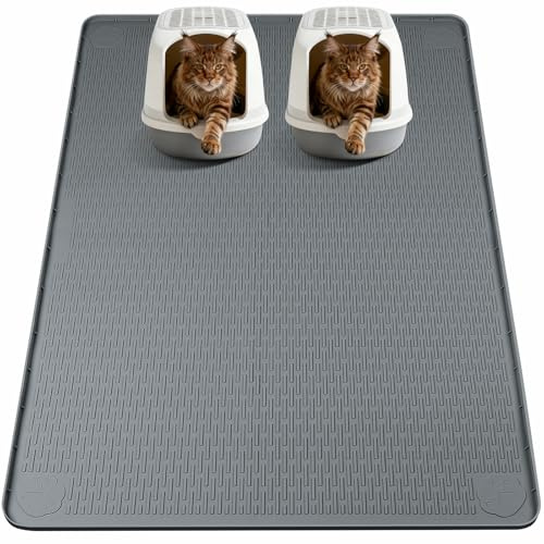 Bartuke Tapis de litière en silicone pour chat, extra large, 145 x 101 cm, tapis de piège à litière pour contrôle de la dispersion, doux pour les pattes de chaton, facile à nettoyer (gris foncé)