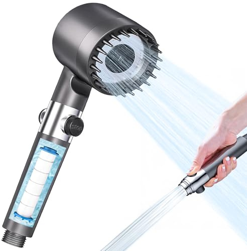Soffione Doccia Alta Pressione con 4 Filtri – Doccino per Doccia con Tubo 1,5 m, 3+1 Getti Regolabili, Risparmio Idrico, Materiale ABS di Alta Qualità, Installazione Universale