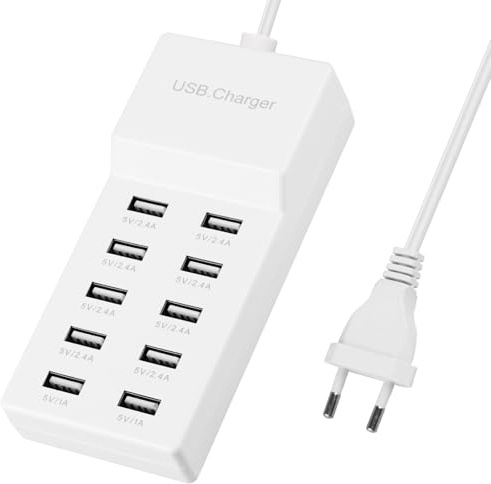 50W Cargador USB Múltiple 10 Puertos Estación de Carga Multi Puertos de Alimentación con Toma Corriente USBA Carga Rápida Inteligente Compatible con iPhone Samsung Xiaomi Huawei OnePlus Compacto