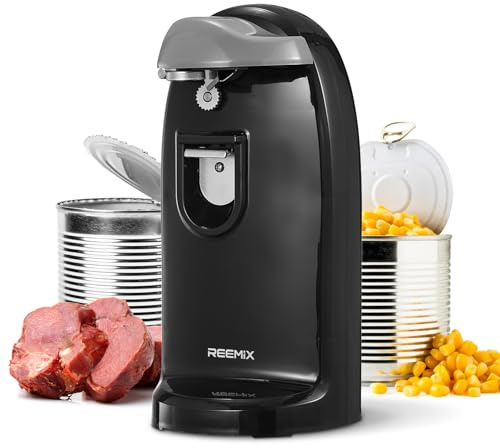 Reemix Electric Can Opener, One-Touch Operation, Knife Sharpener and Bottle Opener 3 in 1, Easy Clean Kitchen Tool for Home Use, Automatic Can Opener, Black