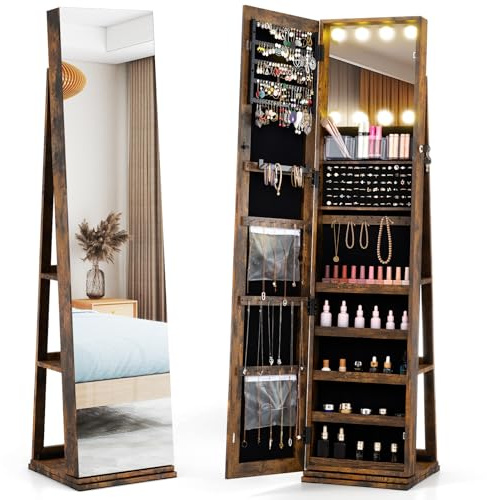 Multigot Jewelry Cabinet, Jewelry Armoire with Full-length & LED-lit Interior Mirror, 3 Light Colors, Rear Shelves, Lockable Design, Freestanding Swivel Jewelry Organizer for Bedroom (Rustic Brown)