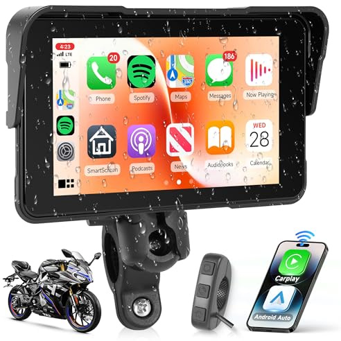 Rimoody 5 Pulgadas Carplay Pantalla para Moto con Control en el Manillar Soporte Desmontable, Pantalla CarPlay & Android Auto Inalámbrica para Motos, Radio Car Play Wireless Bluetooth Impermeable IP68