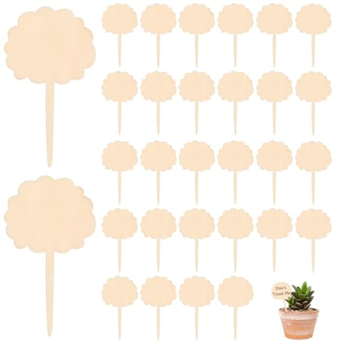 Reccisokz Set di 30 Etichette per Piante in Legno - Cartellini per Orto e Giardino con Pennarello - Segnapante in Legno Naturale a Forma di Nuvola 108x60 mm -Erbe Aromatiche, Fiori e Vasi