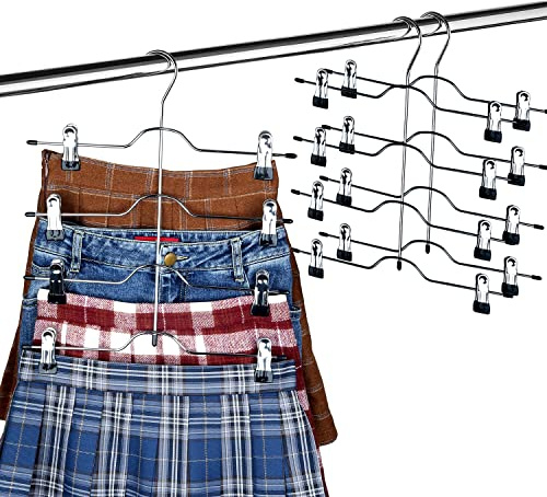 Szxc 2 Pack Skirt Pants Hangers with Adjustable Clips - 4 Tier Chrome with Black Vinyl - Non-Slip Durable - Closet Storage Organizer Space Saving (Pants Skirt Hangers (Set of 2)