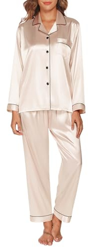GAESHOW Pyjama Soie Femme Ensembles de Pyjama en Satin de Soie Manches Longues Vêtements de Nuit Femme pour Toutes Les Saisons (L)