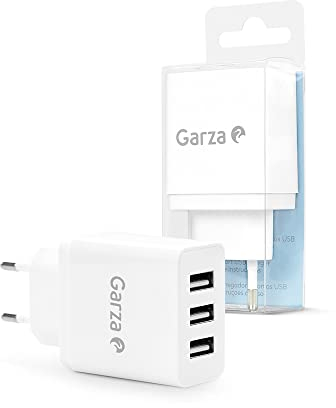 Garza - Cargador múltiple de Pared con 3 Puertos USB, Enchufe Adaptador Triple USB, Cargador móvil (5V/3.4A), Universal, Protección sobrecarga/Cortocircuito, Blanco