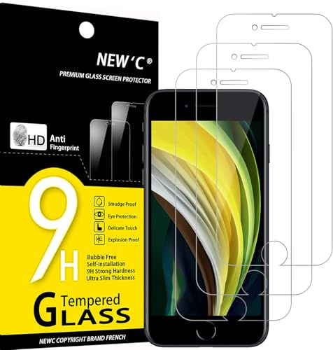 NEW'C 3 Pack, skärmskydd i glas för iPhone SE 3/2 (2022/2020 modell) 4,7 Tum, bubbelfri, 9H hårdhet, 0,33 mm ultratransparent, ultrabeständigt härdat glas